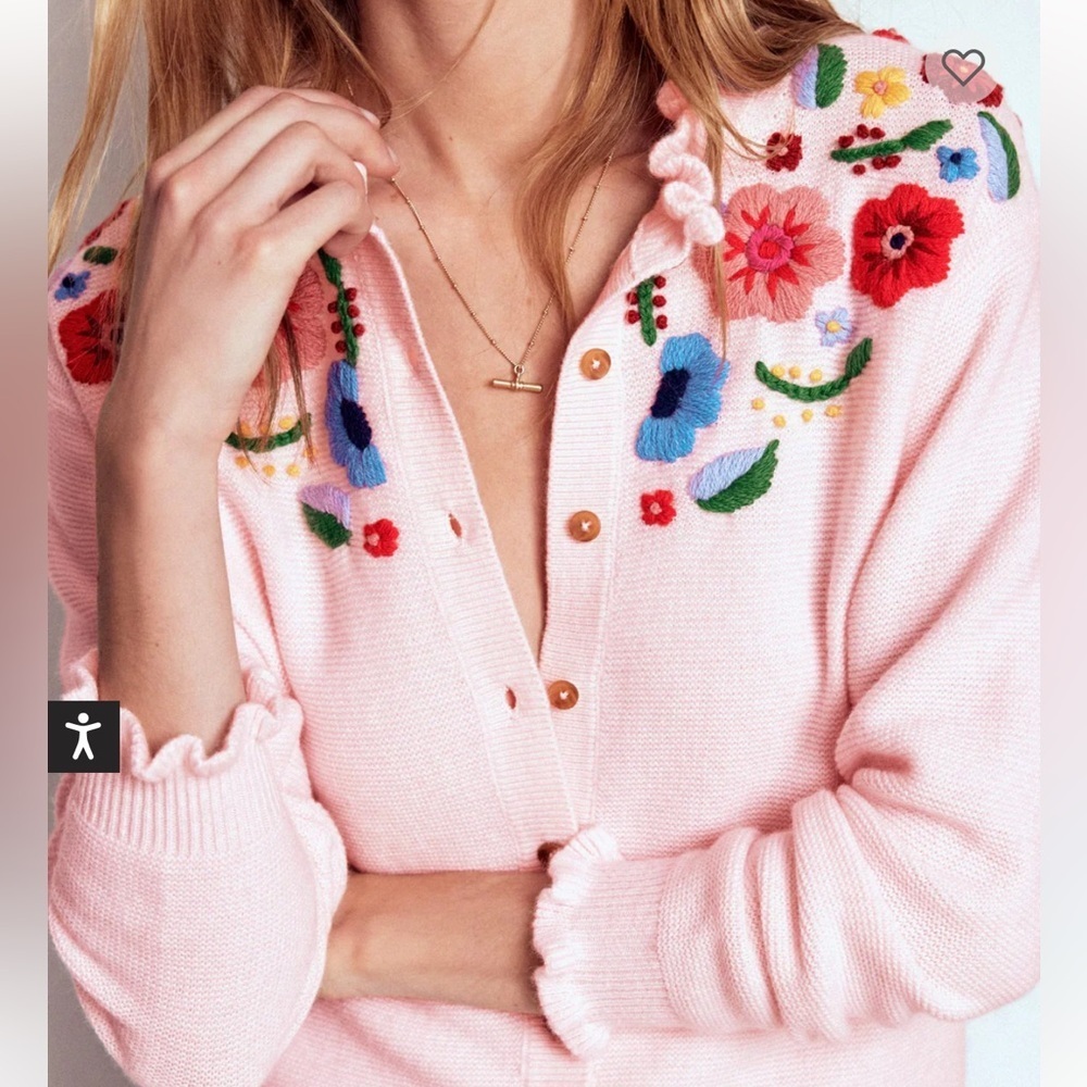 BODEN embroidered frill knit sweater cardigan blooming pink size large - Picture 2 of 16